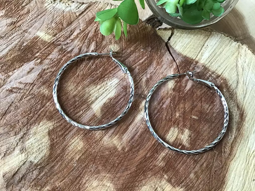 Silver 14K Gold Dipped Textured 1.5 Inch Metal Hoop Earrings