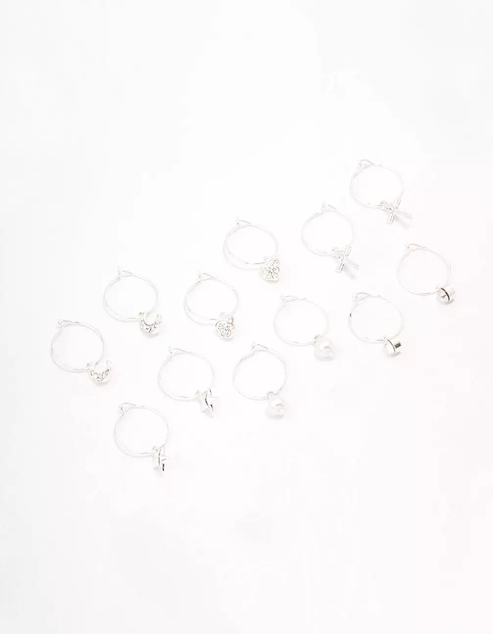 Silver Crystal Heart Wire Hoop Earring 6-Pack