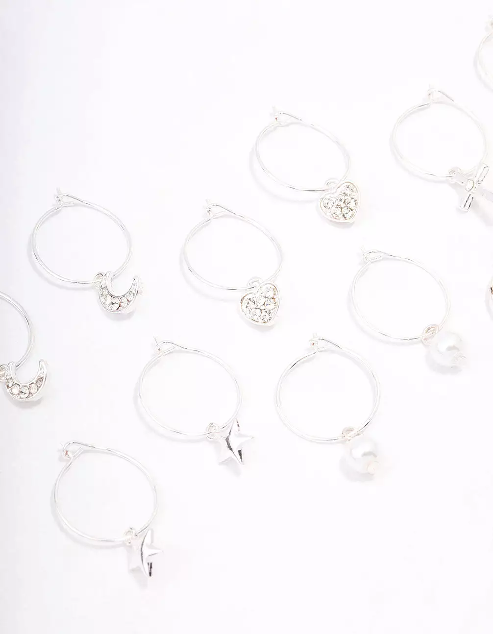 Silver Crystal Heart Wire Hoop Earring 6-Pack