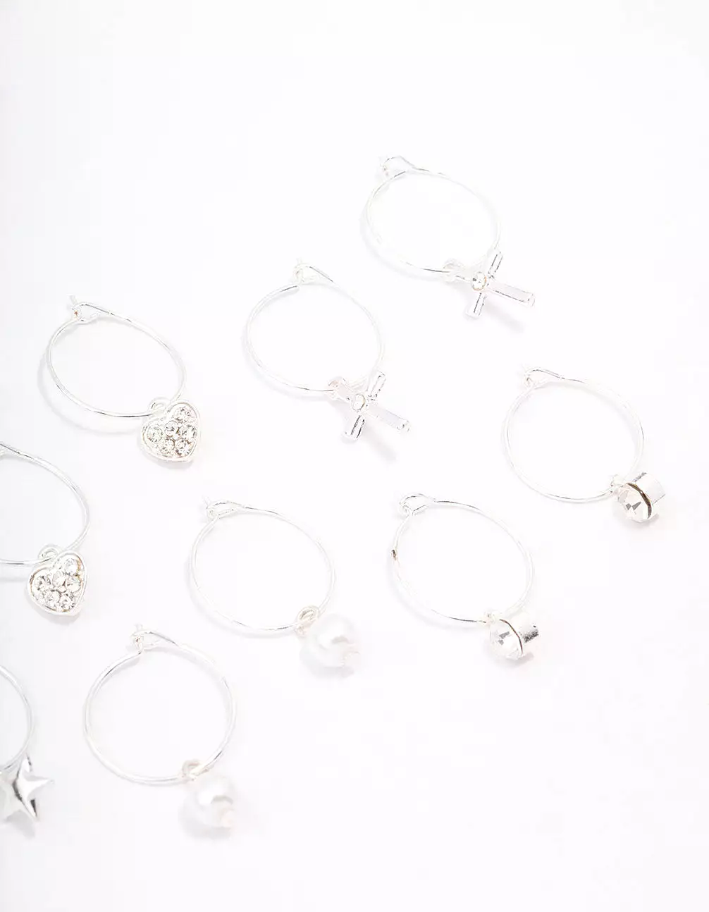 Silver Crystal Heart Wire Hoop Earring 6-Pack