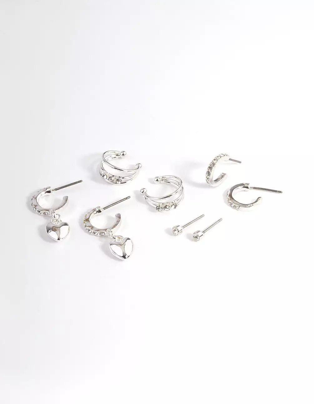 Silver Crystal Puffed Heart Earrings 4-Pack