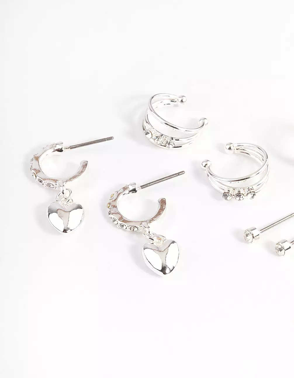 Silver Crystal Puffed Heart Earrings 4-Pack