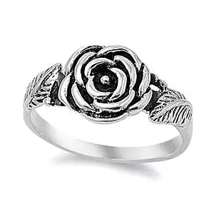 Sterling Silver Rose Flower with Leaves Ring