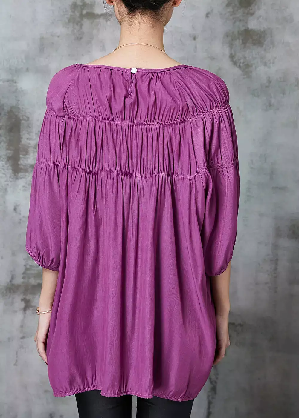 Style Purple Slash Neck Wrinkled Cotton Shirt Bracelet Sleeve JK1059