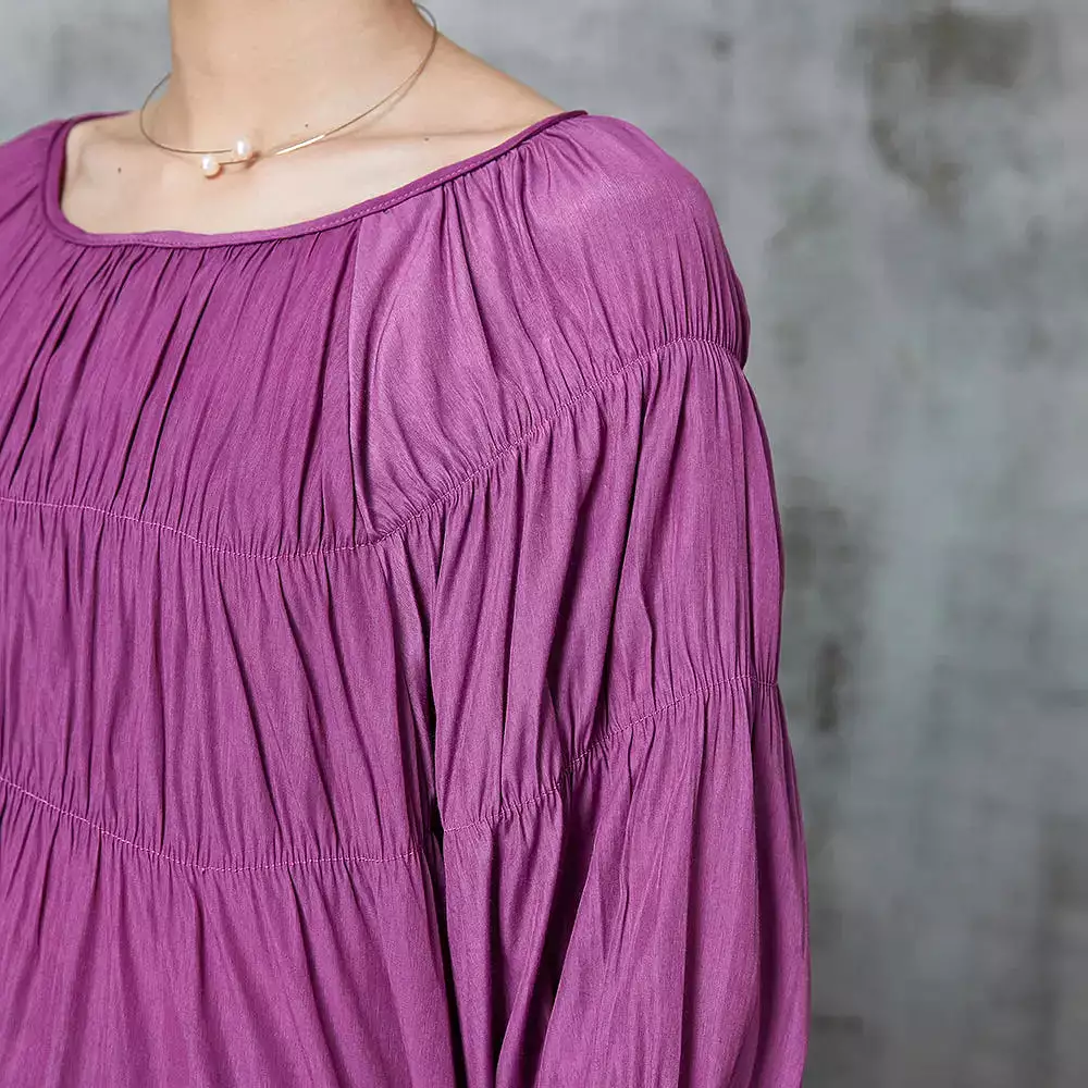 Style Purple Slash Neck Wrinkled Cotton Shirt Bracelet Sleeve JK1059