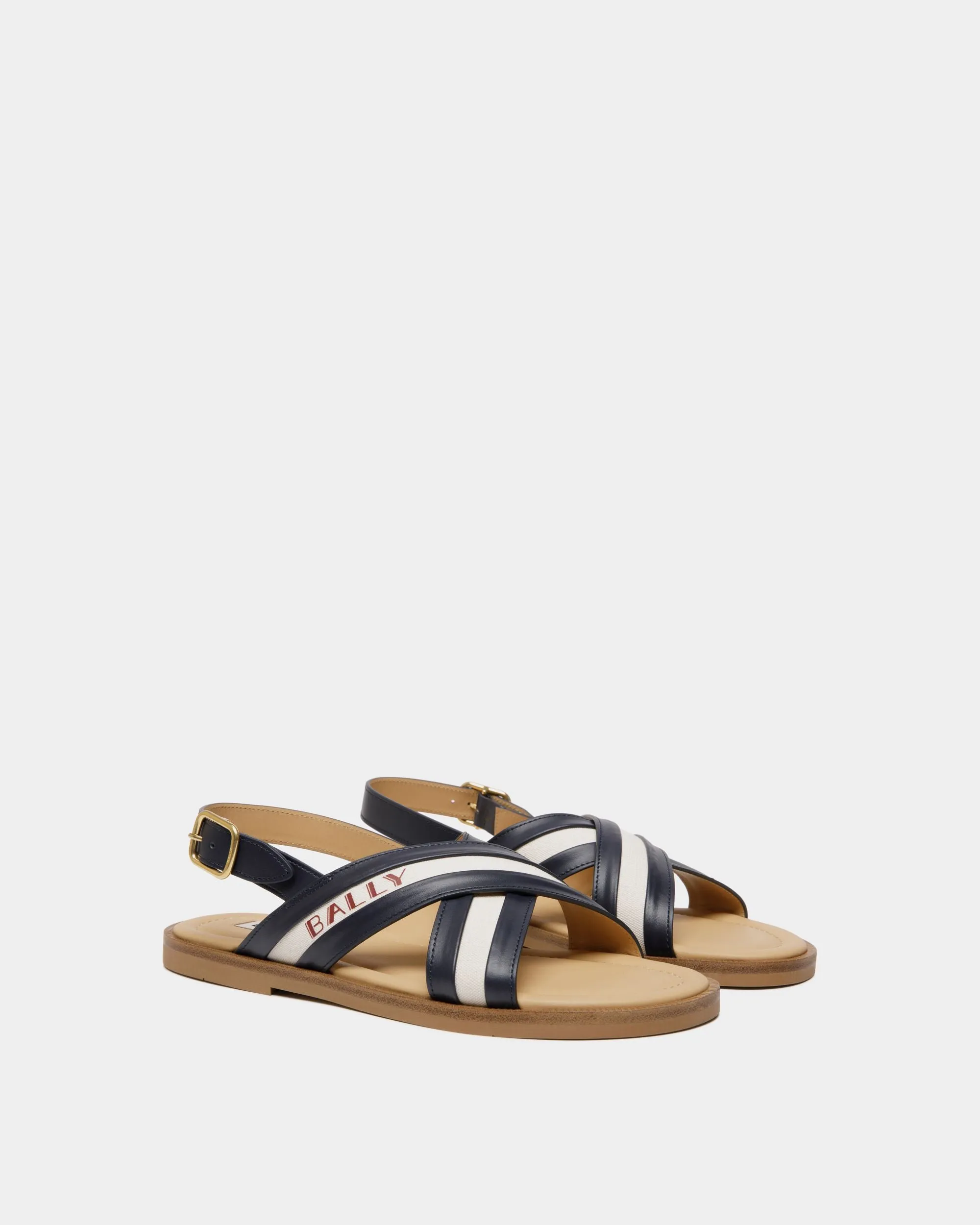 Summer Capsule Sandal In Navy Blue And Natural Leather And Canvas 