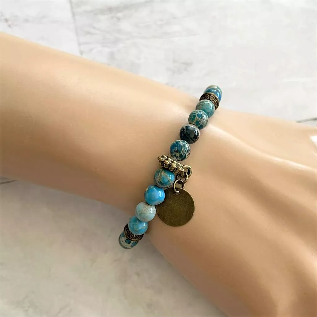 Teal Jasper and Brass Beaded Bracelet