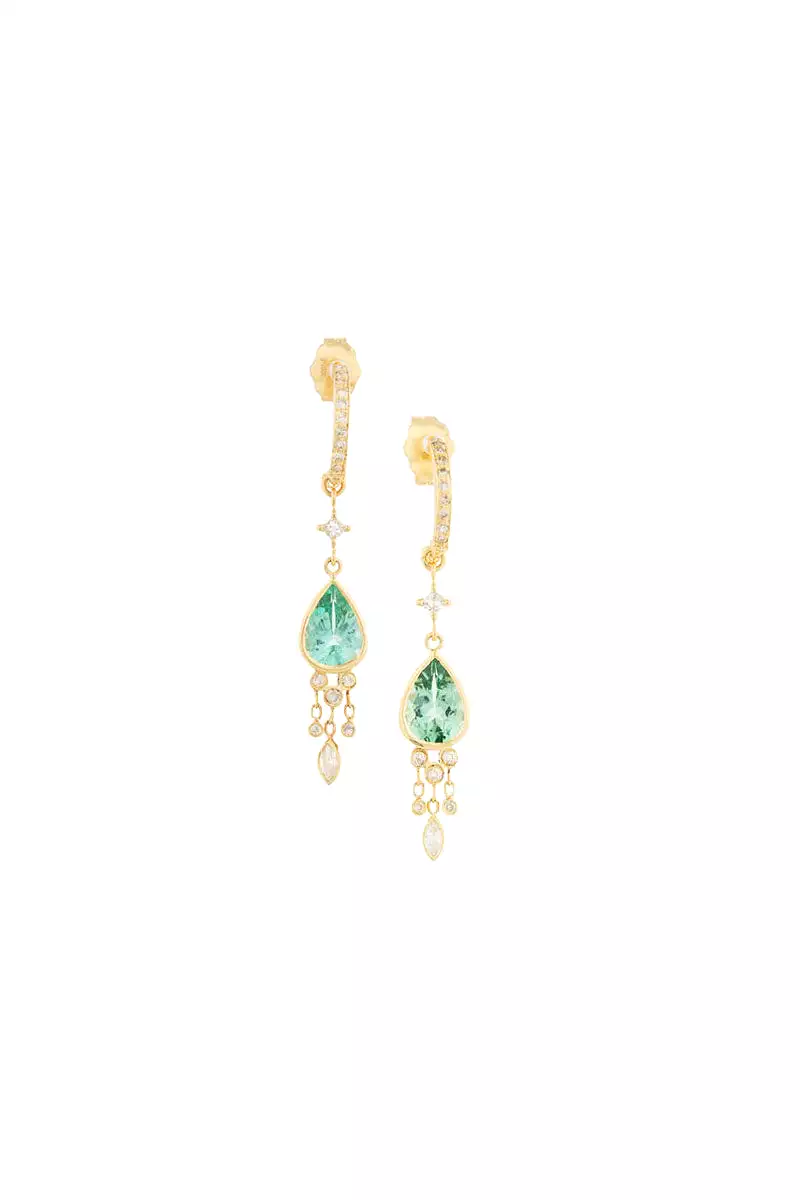 Turquoise Tourmaline Pear & Dangling Diamonds Earrings - 14k Yellow Gold