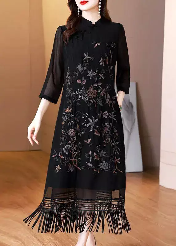 Vintage Black Tasseled Embroidered Silk Long Dresses Bracelet Sleeve HA1035