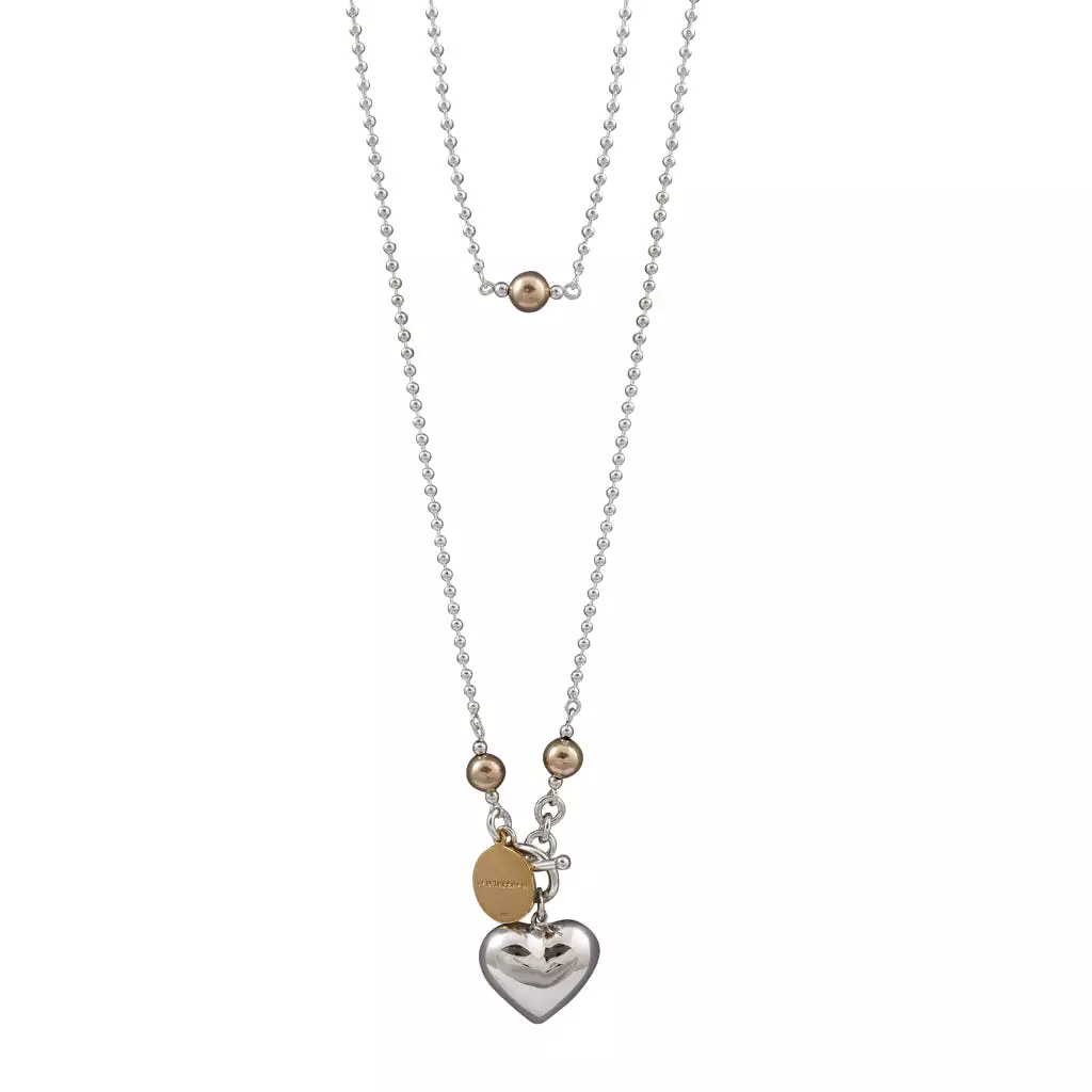 Von Treskow SILVER BALL CHAIN NECKLACE WITH YELLOW GOLD VT PLATE & PUFFY HEART