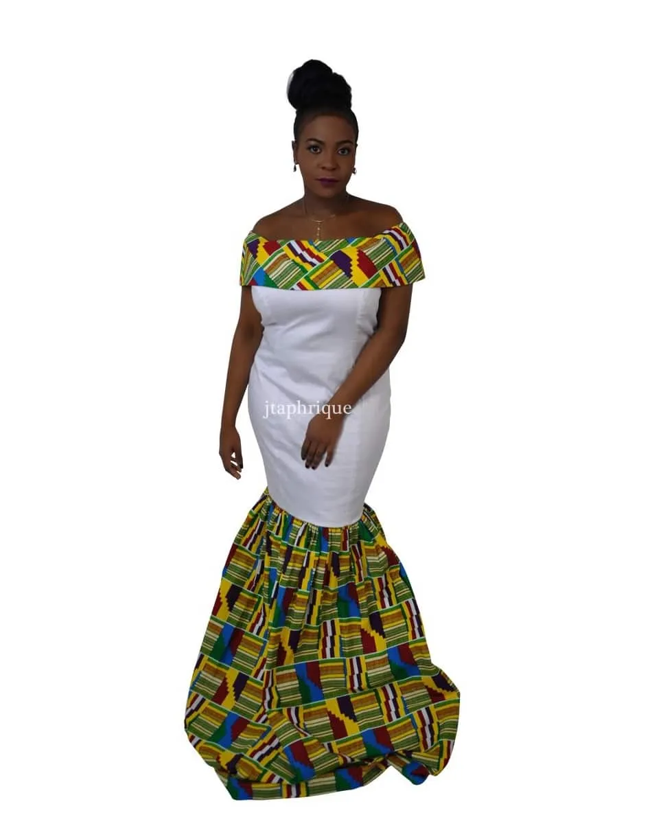 White & Kente Fusion Silhouette Dress - African Clothing Store | JT Aphrique