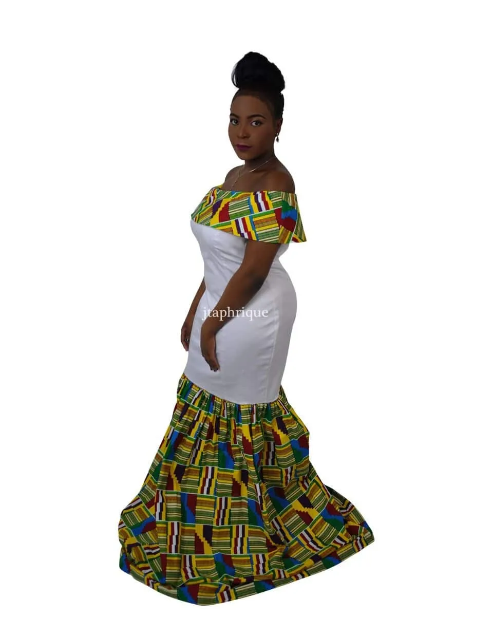 White & Kente Fusion Silhouette Dress - African Clothing Store | JT Aphrique