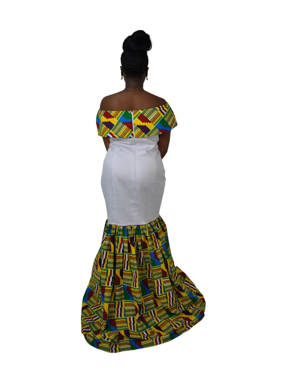 White & Kente Fusion Silhouette Dress - African Clothing Store | JT Aphrique