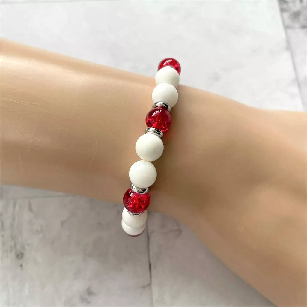 White Shell and Red Glass Beaded Bracelet