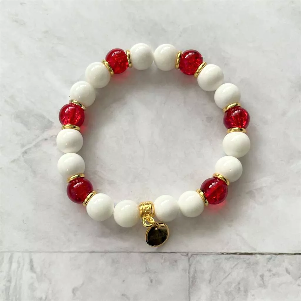 White Shell and Red Glass Gold Beaded Bracelet