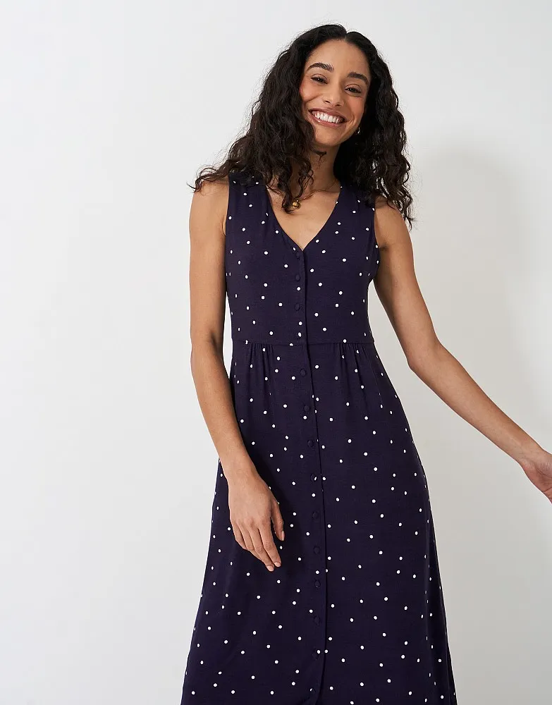 Women's Alyssa Sleeveless Button Through Jersey Dress - Navy Polkadot from Crew Clothing Company